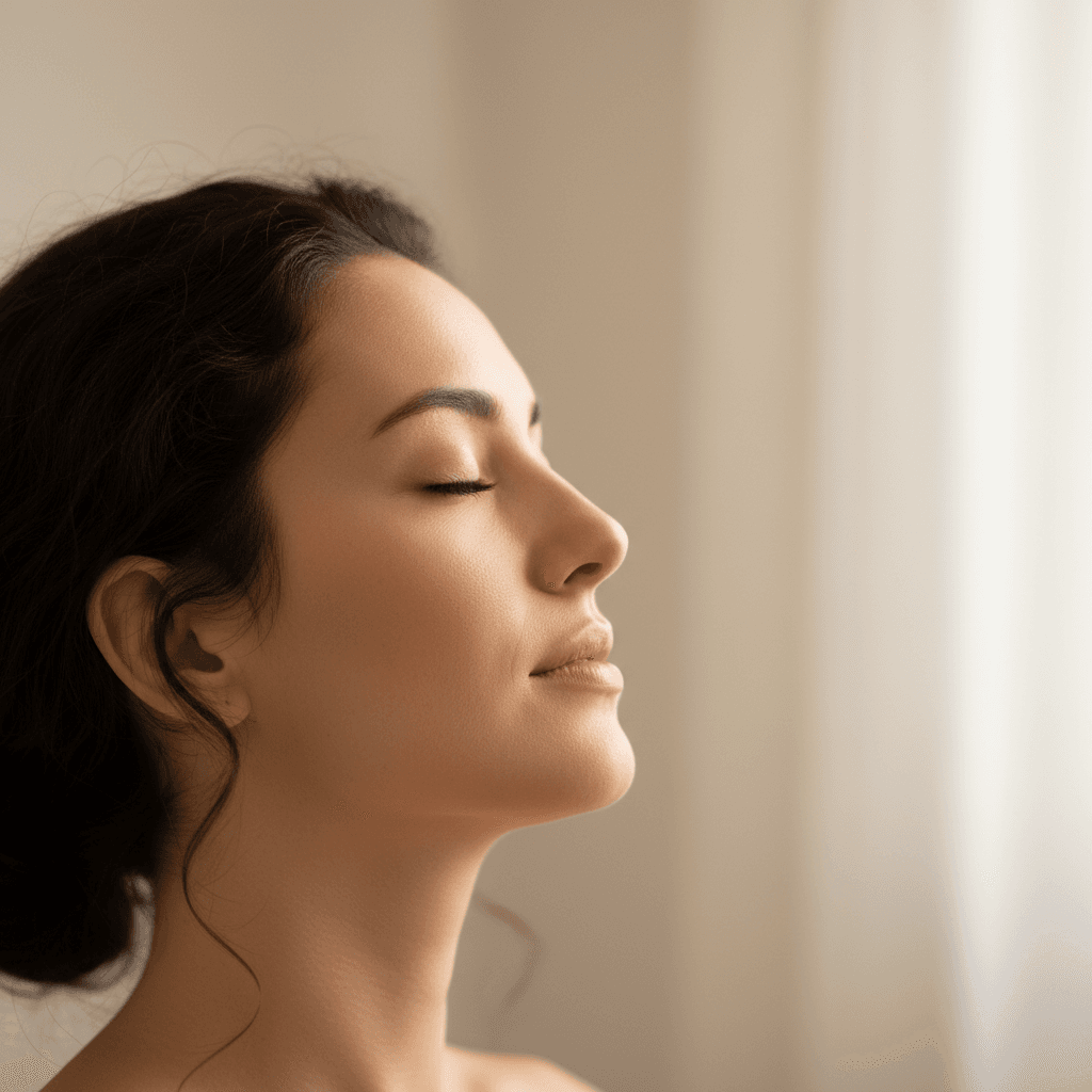 Close-up of client's peaceful, relaxed facial expression showing therapeutic benefits and stress relief from Shiatsu treatment