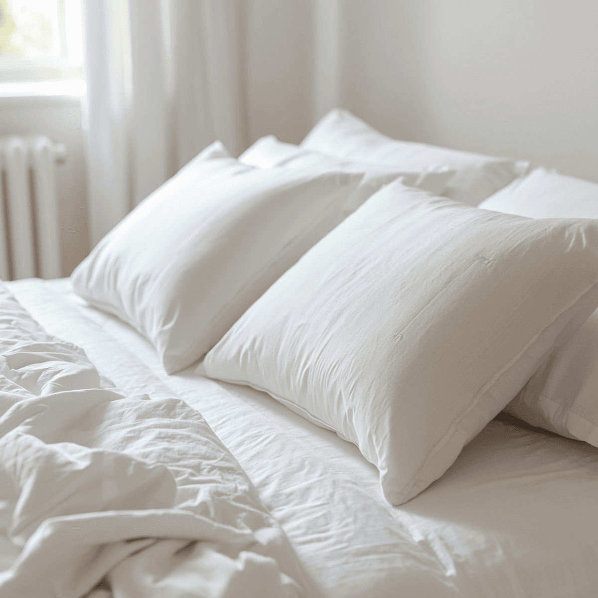 White pillows and rumpled linens on a bed in a bright, minimalist bedroom setting.