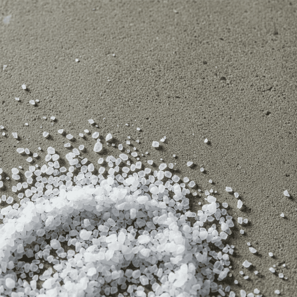 Coarse white salt crystals with blue specks scattered across a gray, textured concrete surface.